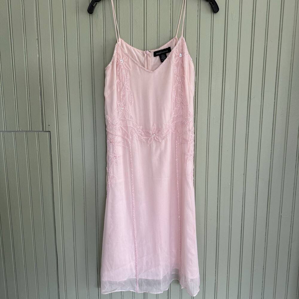 Y2K Vtg Silk Chiffon Floral Beaded Sequin Pink Slip Dress Fairycore Sz 4 Small